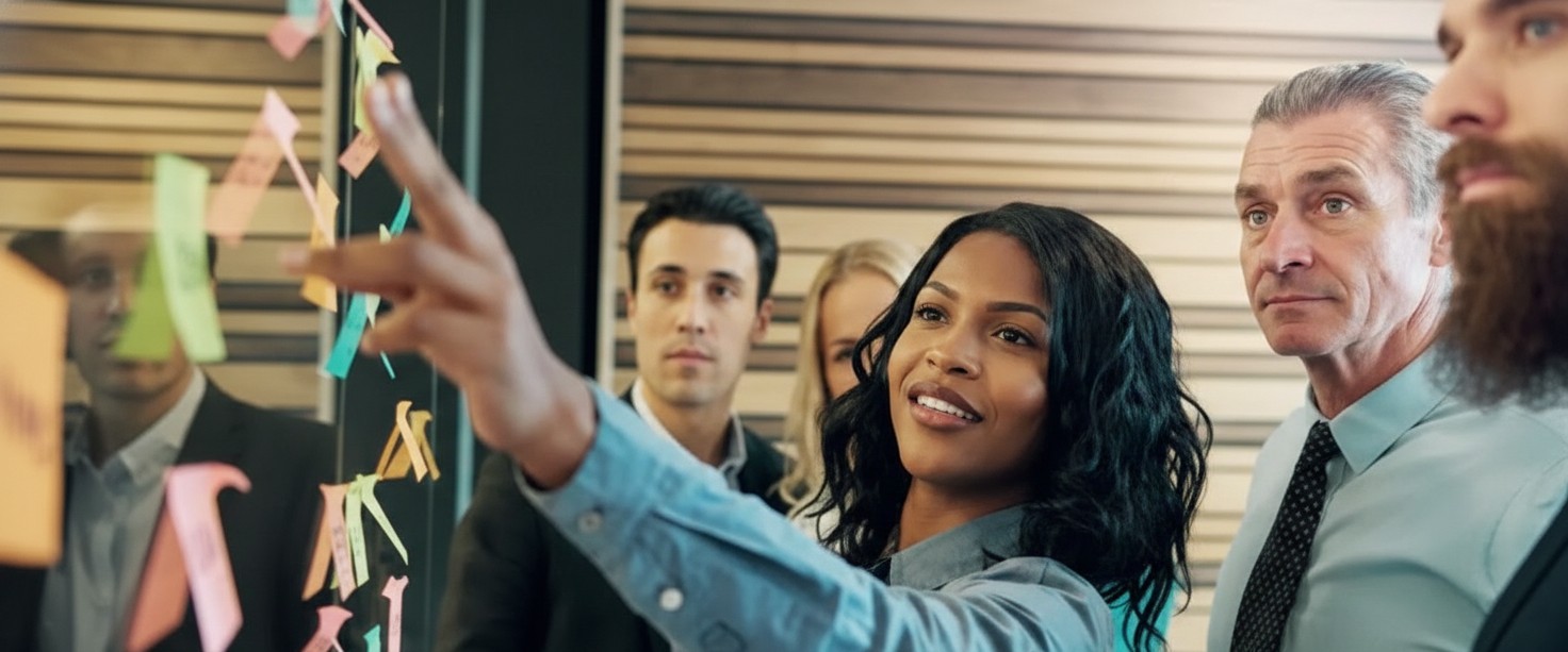 Personas en sesión de liderazgo estratégico analizando datos