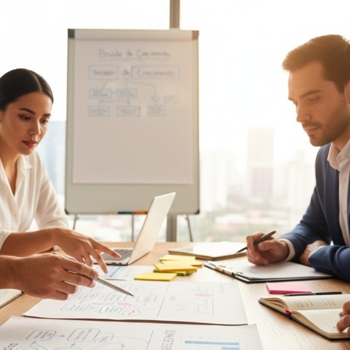 Equipo de LSL analizando datos y gráficos durante la fase de diagnóstico estratégico