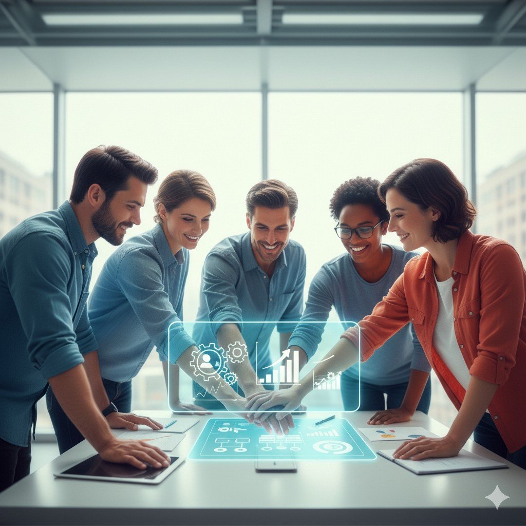 Equipo de trabajo colaborando en una oficina